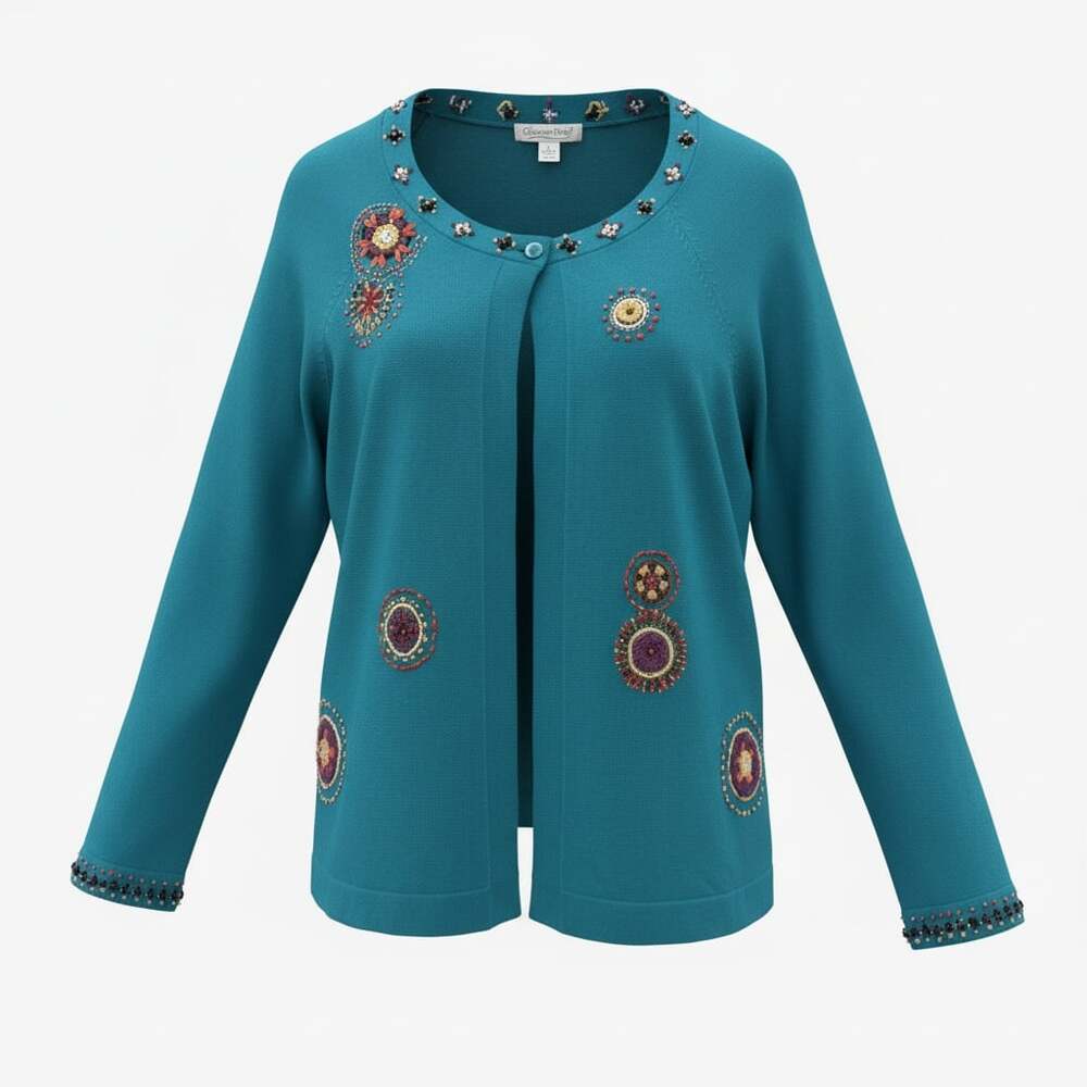 Coldwater Creek Teal Blue Beaded and Embroidered Circle Pattern Cardigan Large